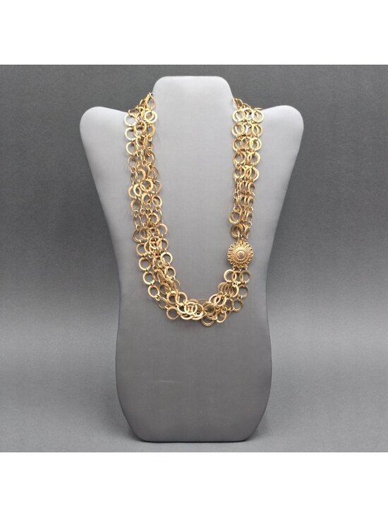 Estate Jewelry - Vintage Multi Strand Circle Link Necklace 18" Heavy Gold Tone Statement Piece